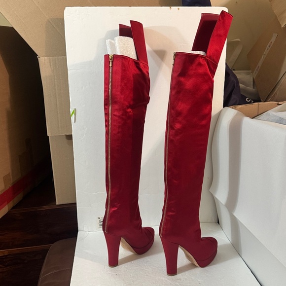 38.5/8❤️CHANEL Runway Red Satin Leather OVER THE KNEE HIGH HEEL Platform BOOTS - Picture 10 of 15